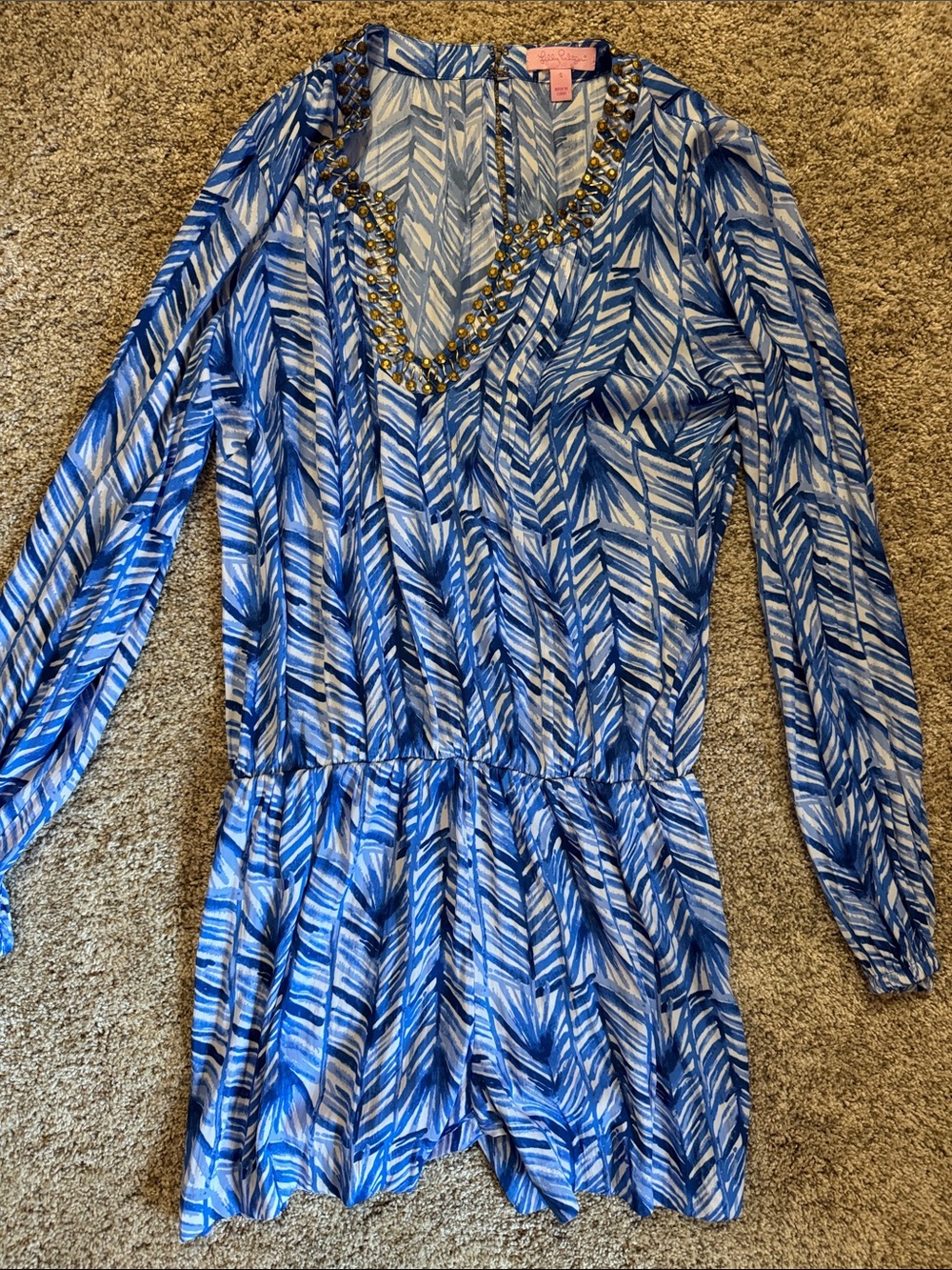 Lilly Pulitzer Blue Leaf-Print Long-Sleeve Romper with Embellished V-Neck